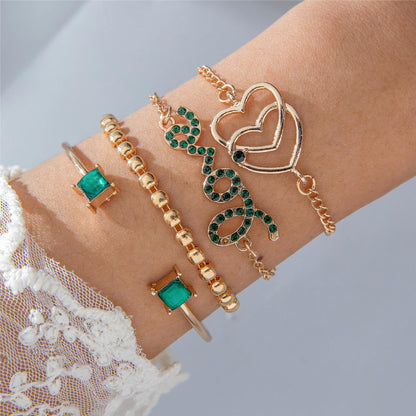 Heart-Shaped Emerald Gemstone Bracelet Set With Rhinestones