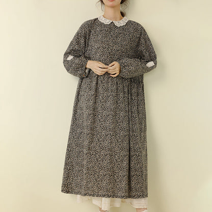 Sweet A-Line Floral Cotton Linen Long Sleeve Dress