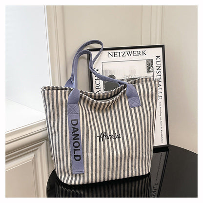 Stylish Stripe Canvas Tote Bag Large Capacity Casual Commuter Bag