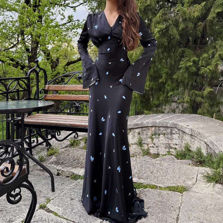 Elegant Floral Print Satin Maxi Dress with V-Neck and Long Sleeves