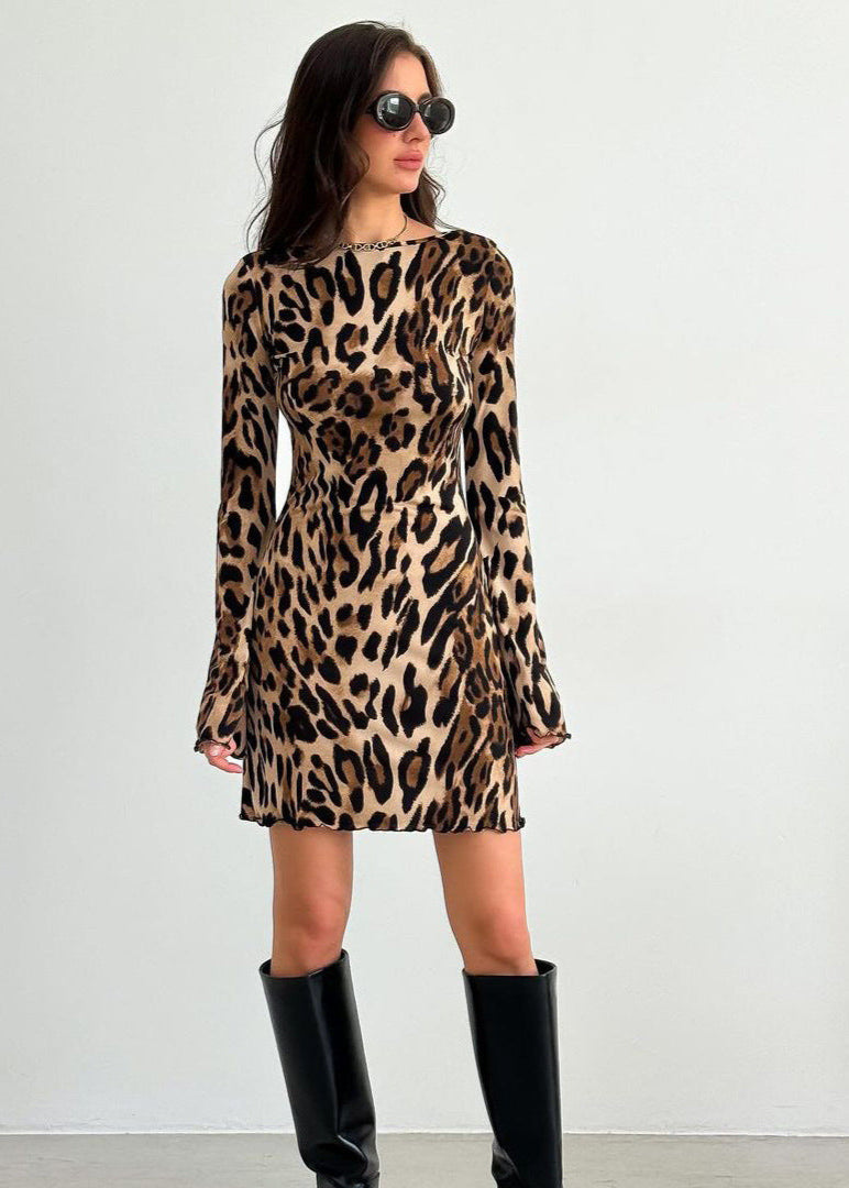 Mini Dress Leopard Print Stretch Fabric Open Back