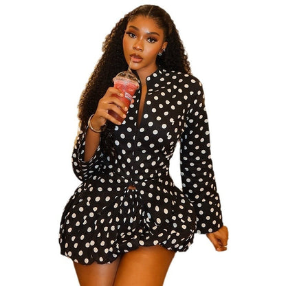 Fashionable Polka Dot Ruffle Skirt Set With Cardigan