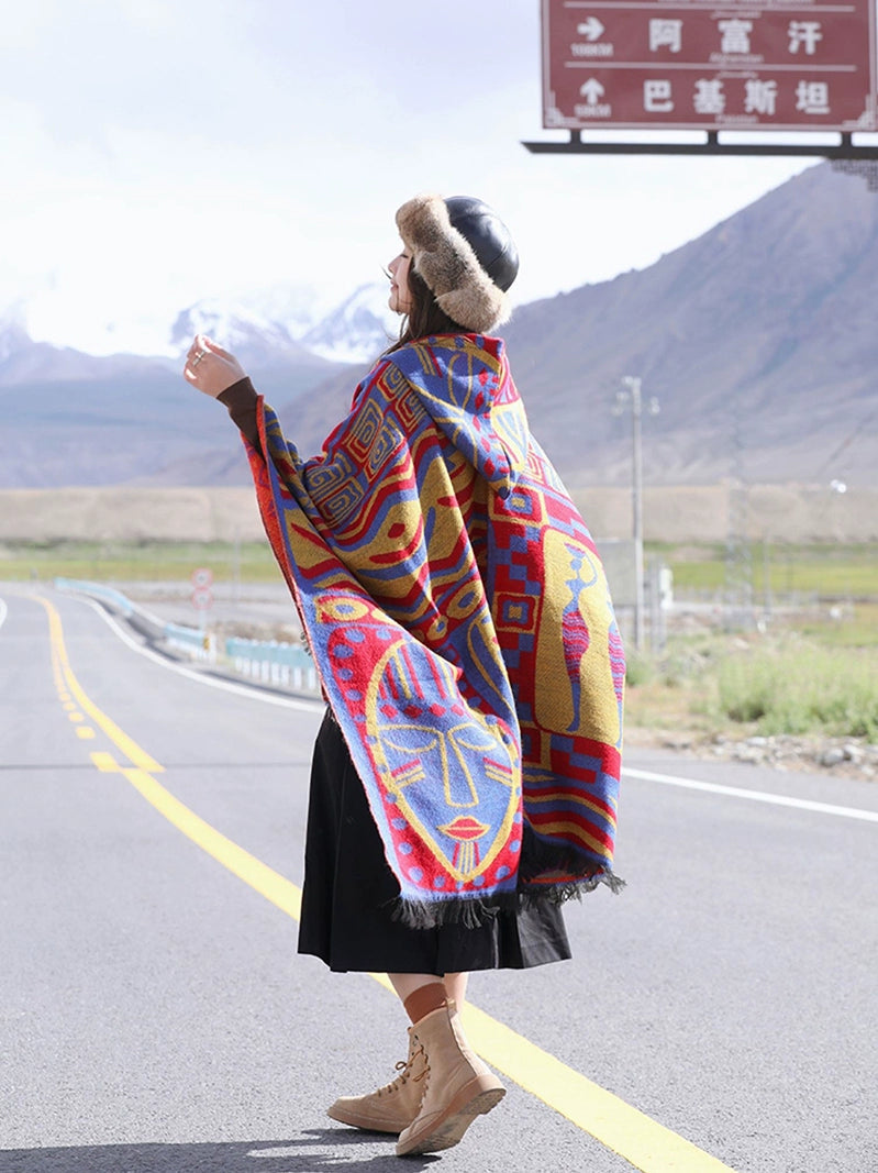 Autumn And Winter Ethnic Bohemian Warm Big Shawl Hooded Cape Scarf