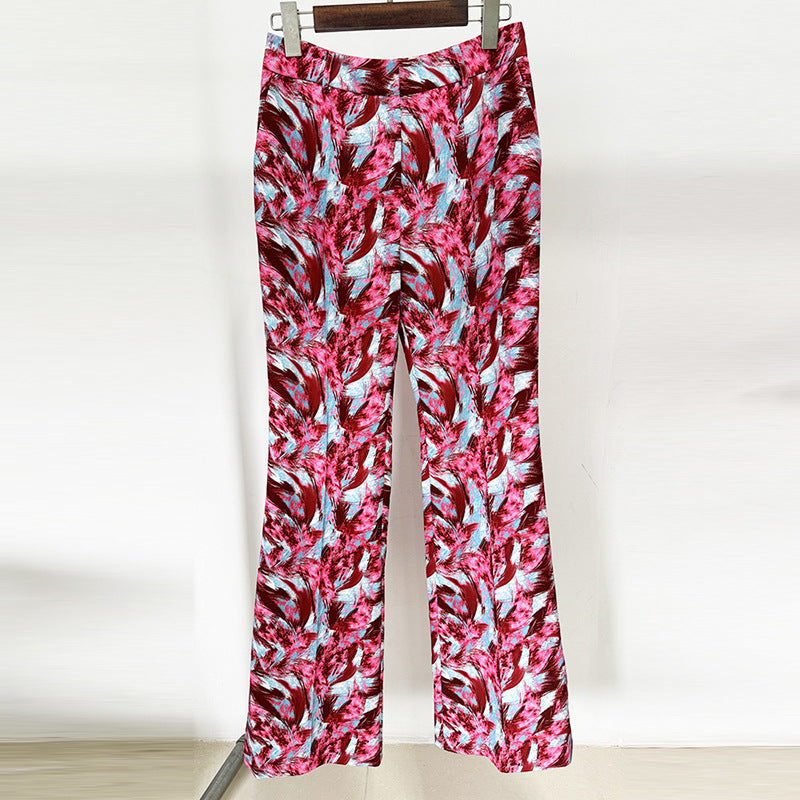 Feather Print Unlined Blazer With Wide Leg Trousers