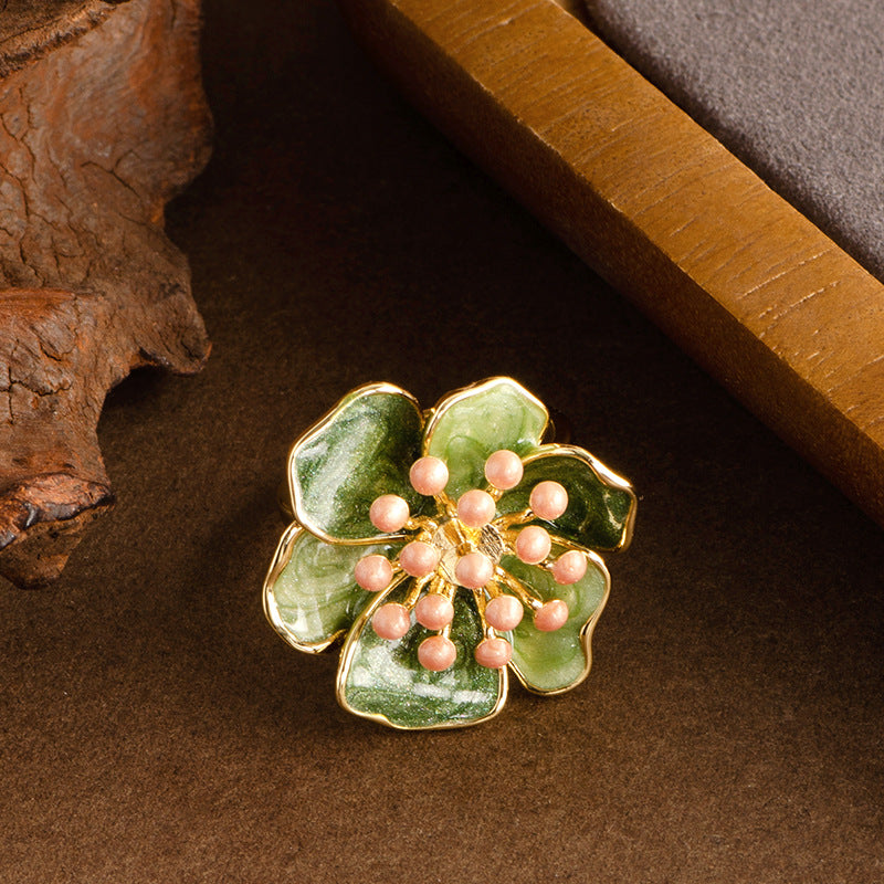 French Vintage Adjustable Enamel Camellia Flower Ring
