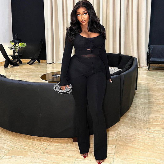 Casual Color Block Two-Piece Set With Mesh Long Sleeve Top And Pants