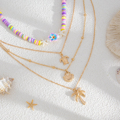 Colorful Polymer Bead Scallop Layered Chain Necklace