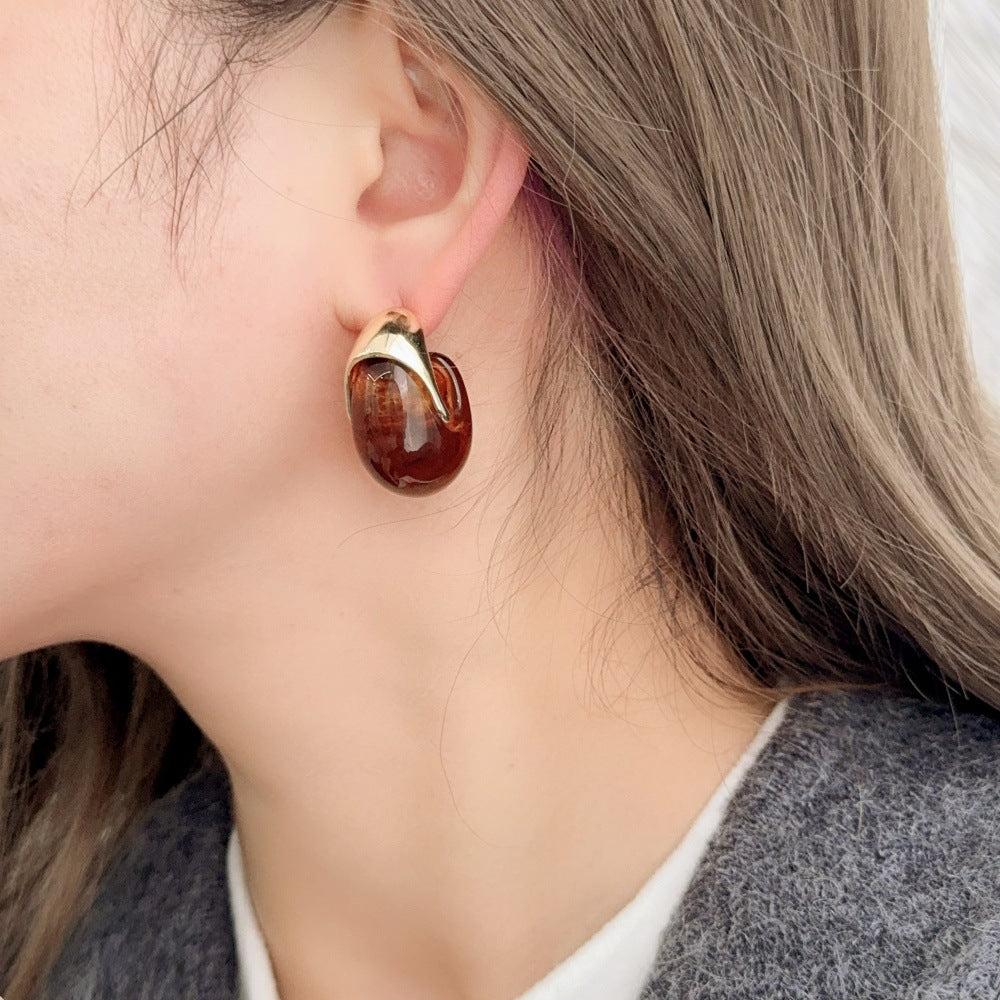 Vintage Stone C-Shape Stud Earrings
