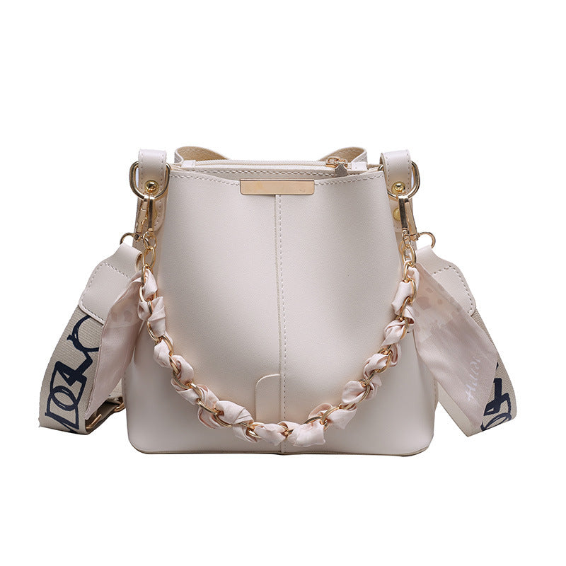 Trendy Candy Color Bucket Bag with Scarf Detailing