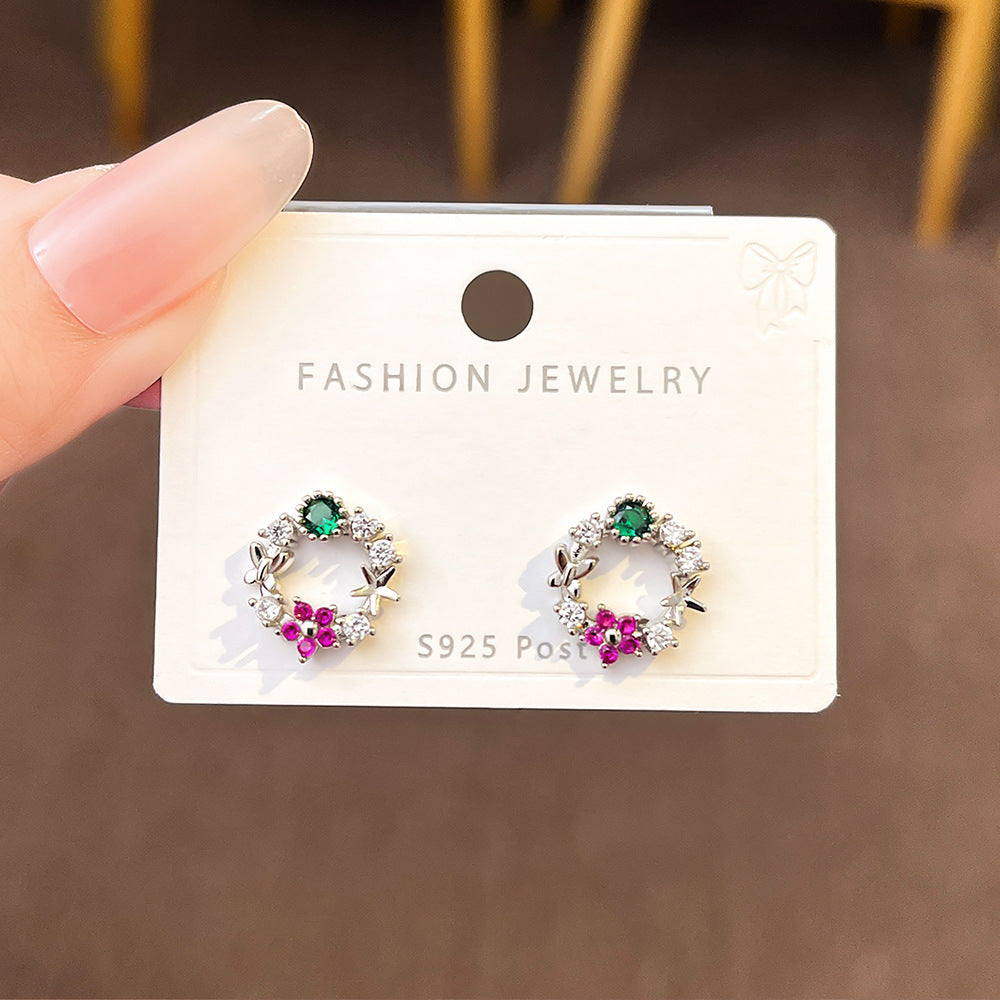 Cute Wreath Bow Rhinestone Stud Earrings