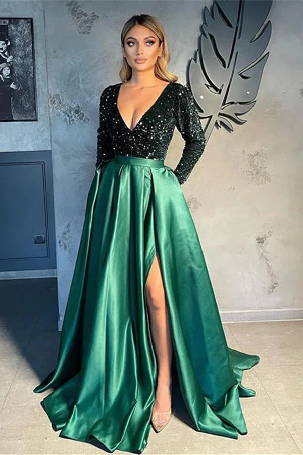 Sequin V-Neck Flared Long Dress With Side Slit