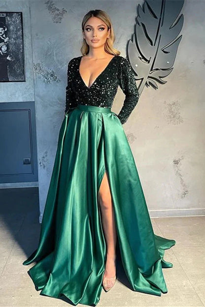 Sequin V-Neck Flared Long Dress With Side Slit