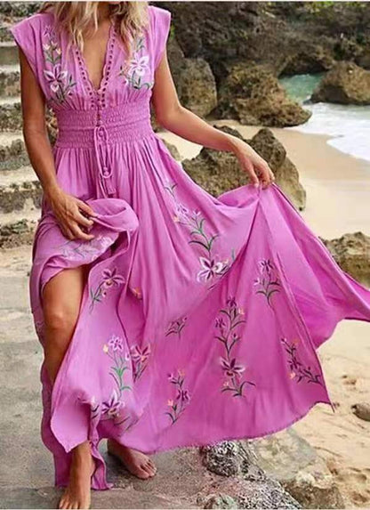 Women'S V-Neck Sexy French Beach Boho Print Dress