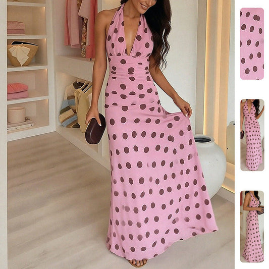 Polka Dot V-Neck Maxi Dress Casual Elegant Style