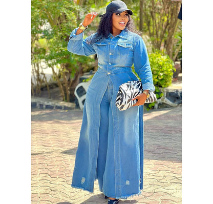 Casual Oversized Denim Long Coat With Button Closure