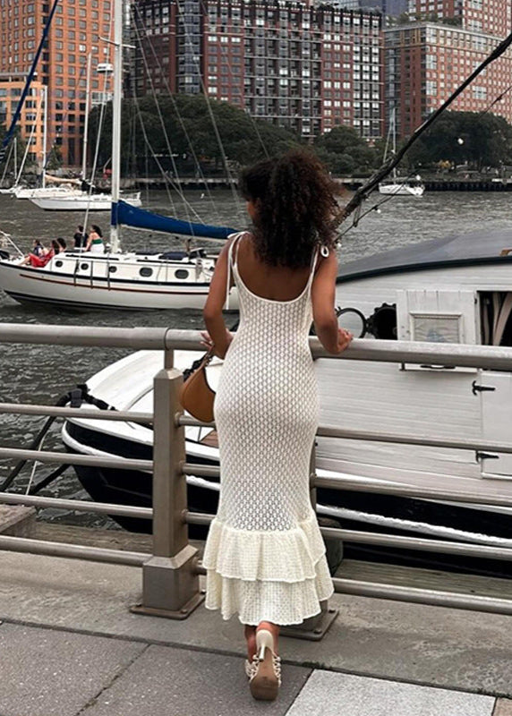 Knit Maxi Dress With Lace Knit And Ruffle Hem