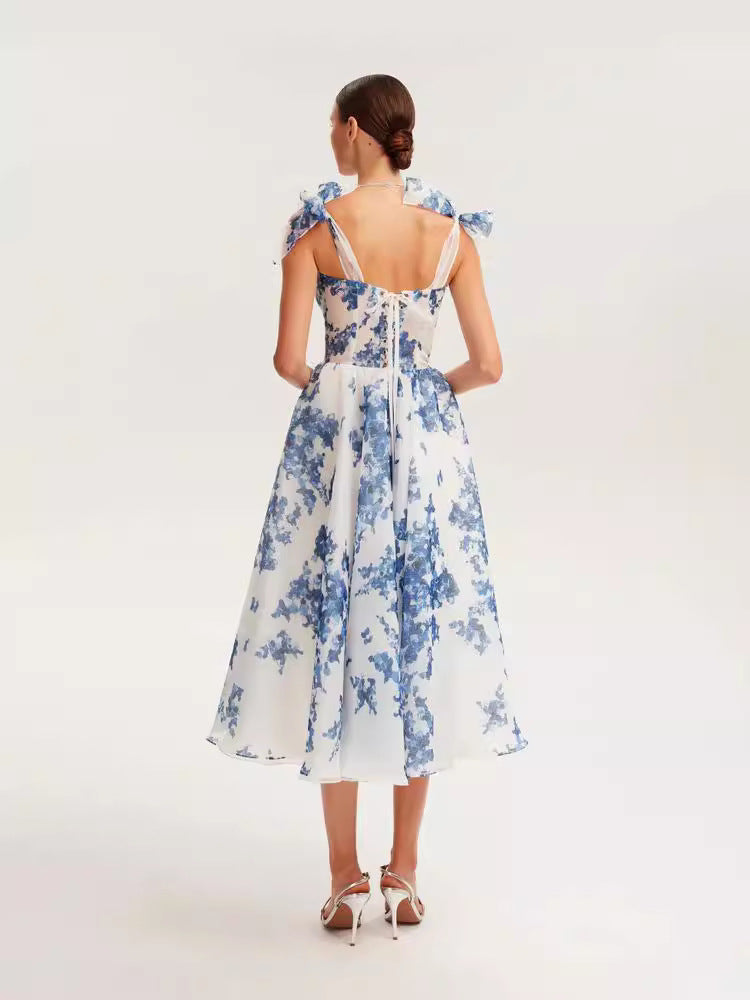 Off-Shoulder Elegant A-Line Evening Dress in Blue and Pink