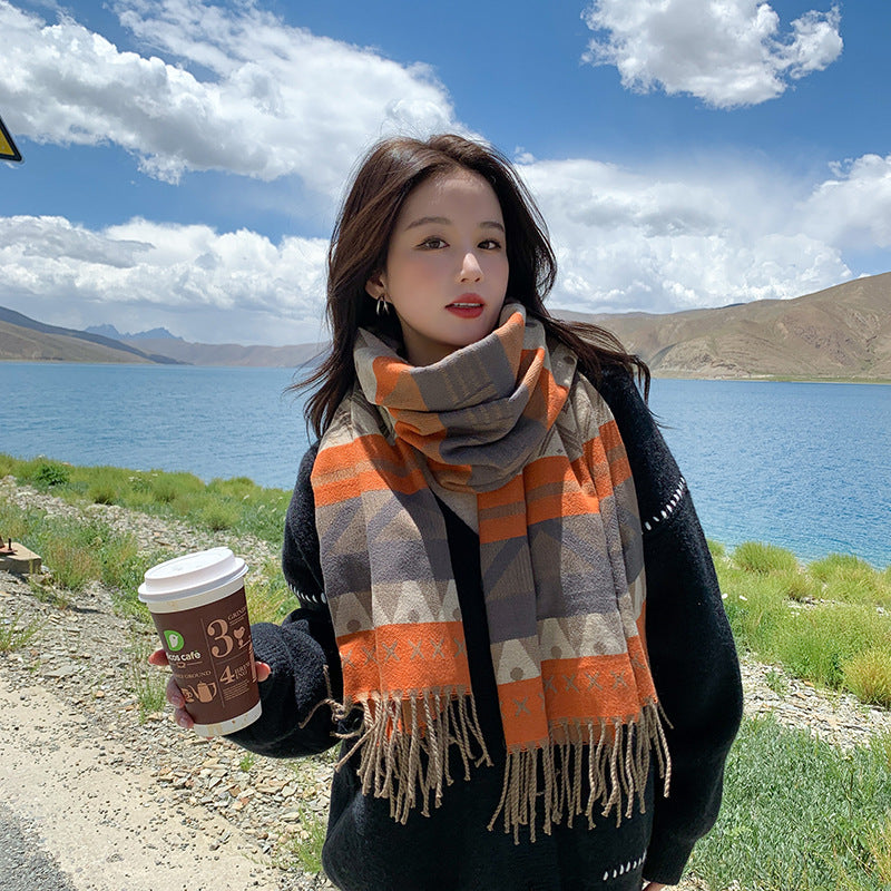 Autumn And Winter New Ethnic Style Vintage Shawl Travel Photo Versatile Bib Roman Stripe Warm Tassel Scarf