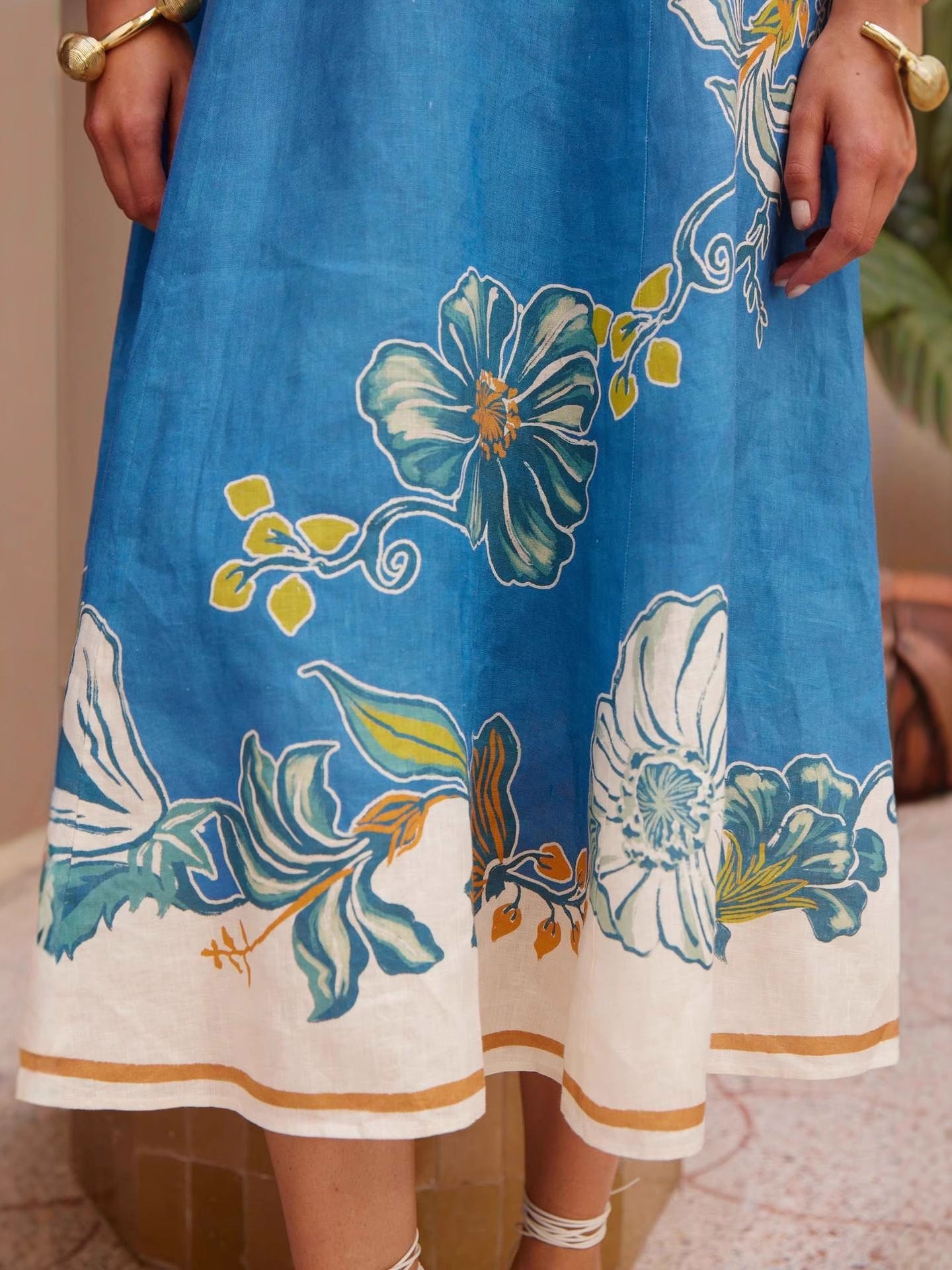 Floral Print Linen Lantern Sleeve Dress Elegant Casual Fit