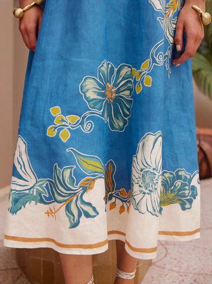 Floral Print Linen Lantern Sleeve Dress Elegant Casual Fit