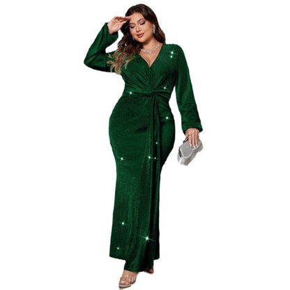 V-Neck Long Sleeve Evening Dress Elegant Mermaid Maxi Dress