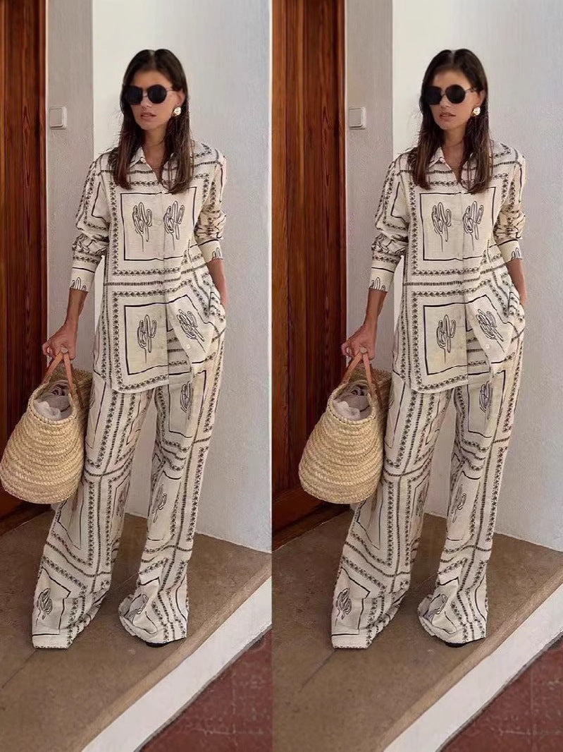 Trendy Floral Linen Cardigan Set With Pants