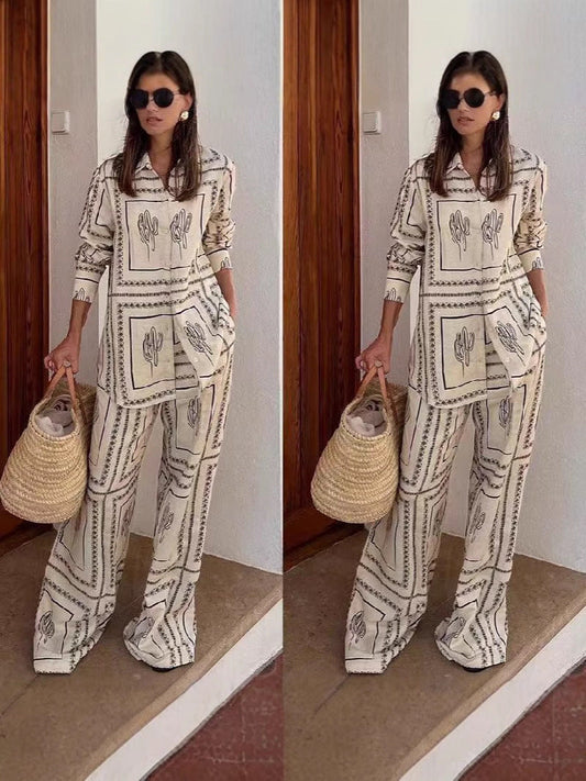 Trendy Floral Linen Cardigan Set With Pants