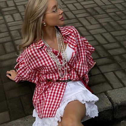 Cotton Plaid Women's Shirt With Ruffle Collar Casual Cardigan