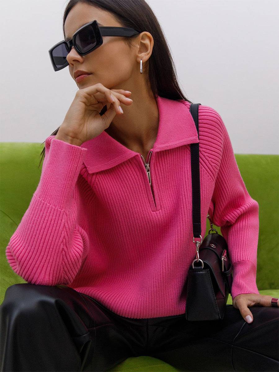 Solid Color Zipper Sweater Loose Knit Sweater