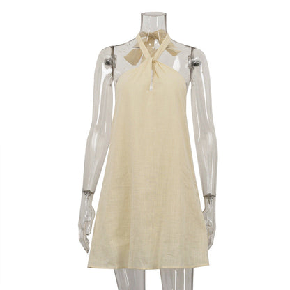 Cotton Sleeveless A-Line Dress With Halter Neck - Sexy Style