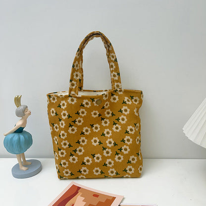 Retro Floral Corduroy Tote Bag Stylish Soft Handbag