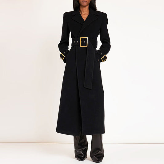 Trendy Black Long Woolen Coat With Belt
