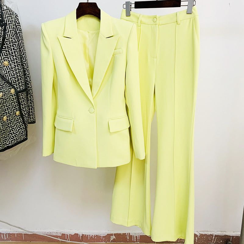 Fashionable Blazer And Flare Pant Set In Soft Yellow