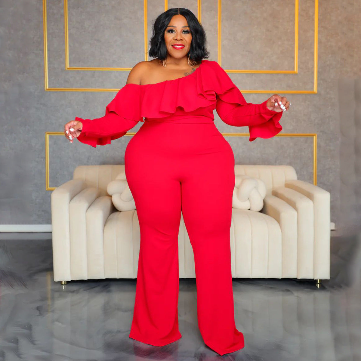 Plus Size Solid Color Off-Shoulder Jumpsuit For Women