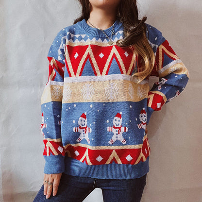 Casual Christmas Sweater New Year Theme Round Neck Long Sleeve Pullover Women