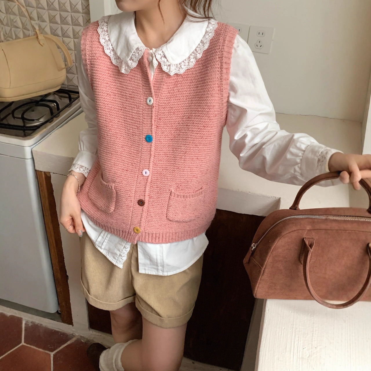 Trendy Knitted Wool Vest with Button Design for Women