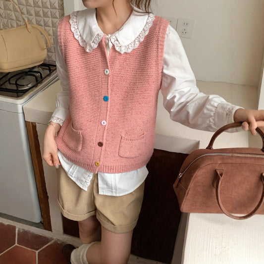 Trendy Knitted Wool Vest with Button Design for Women