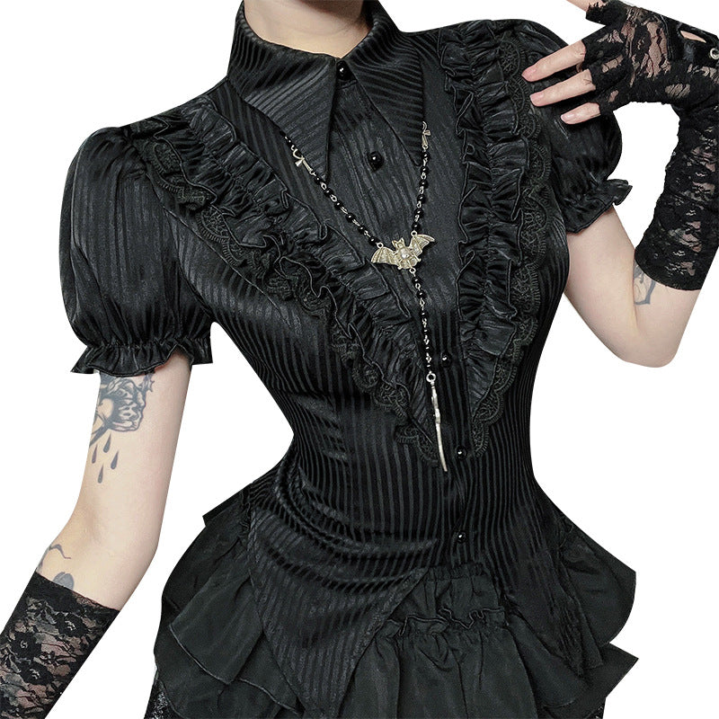 Stripe Satin Shirt with Lace Detailing for Trendy Style