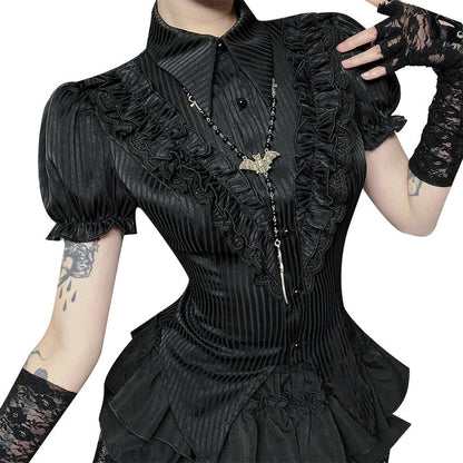 Stripe Satin Shirt with Lace Detailing for Trendy Style