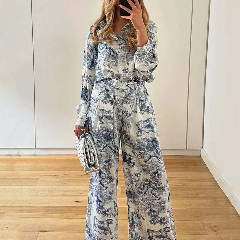 Flower Print Long Sleeve Shirt And Pants Casual Set