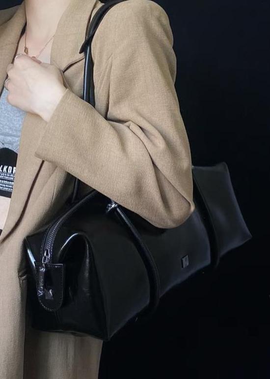 Large Shoulder Tote Bag Durable Black Leather