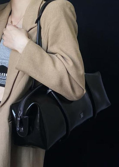 Large Shoulder Tote Bag Durable Black Leather
