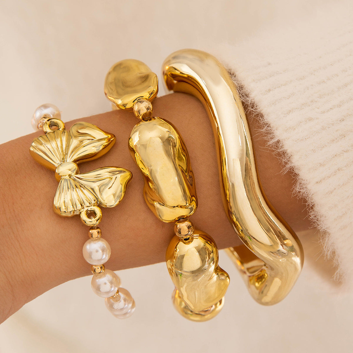 Layered Geometric Statement Cuff Bracelet Set