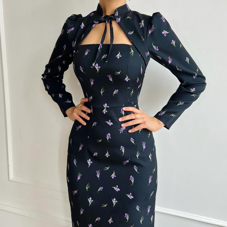 French Style Stand Collar Tie Detail Long Sleeve Bodycon Dress