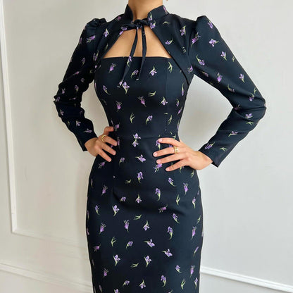 French Style Stand Collar Tie Detail Long Sleeve Bodycon Dress