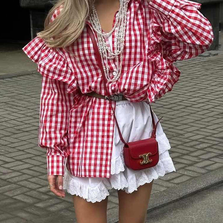 Cotton Plaid Women's Shirt With Ruffle Collar Casual Cardigan