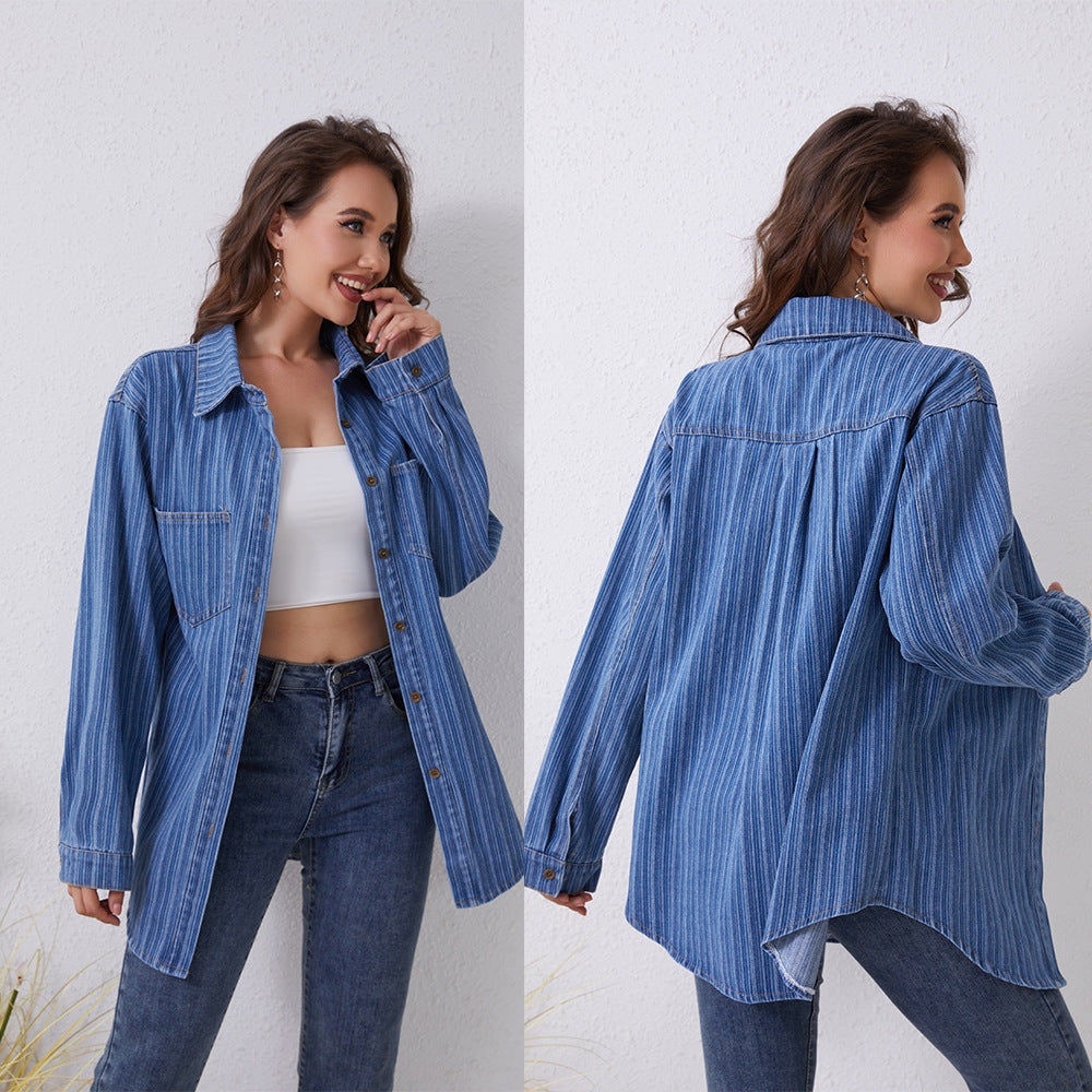 Trendy Casual Women's Denim Shirt with Pockets