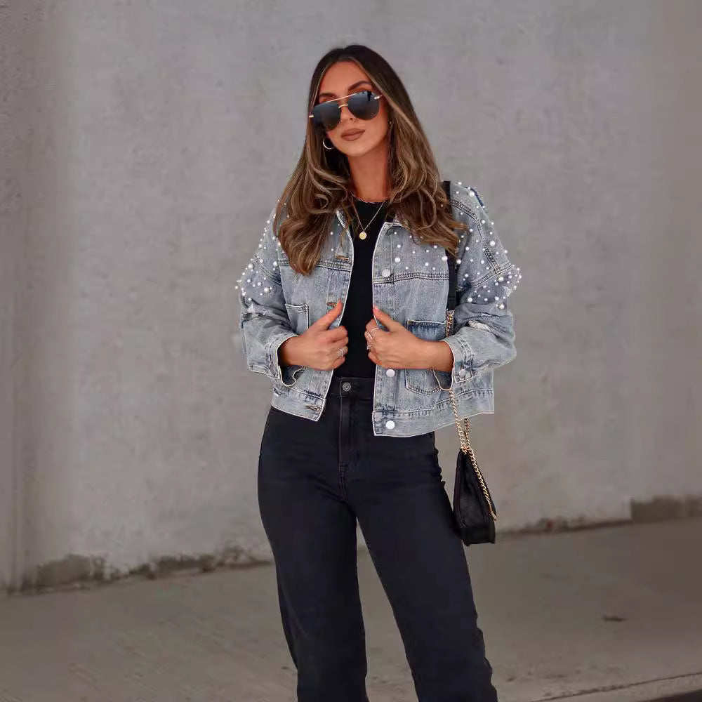 Fashionable Plus Size Denim Jacket with Beaded Details