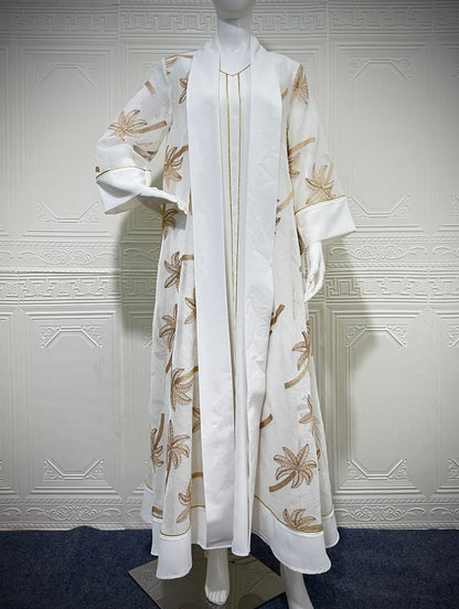 Embroidered Long Kimono Dress Set in Navy Blue and White