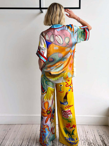 Trendy Colorful Printed Short Sleeve Jumpsuit Set